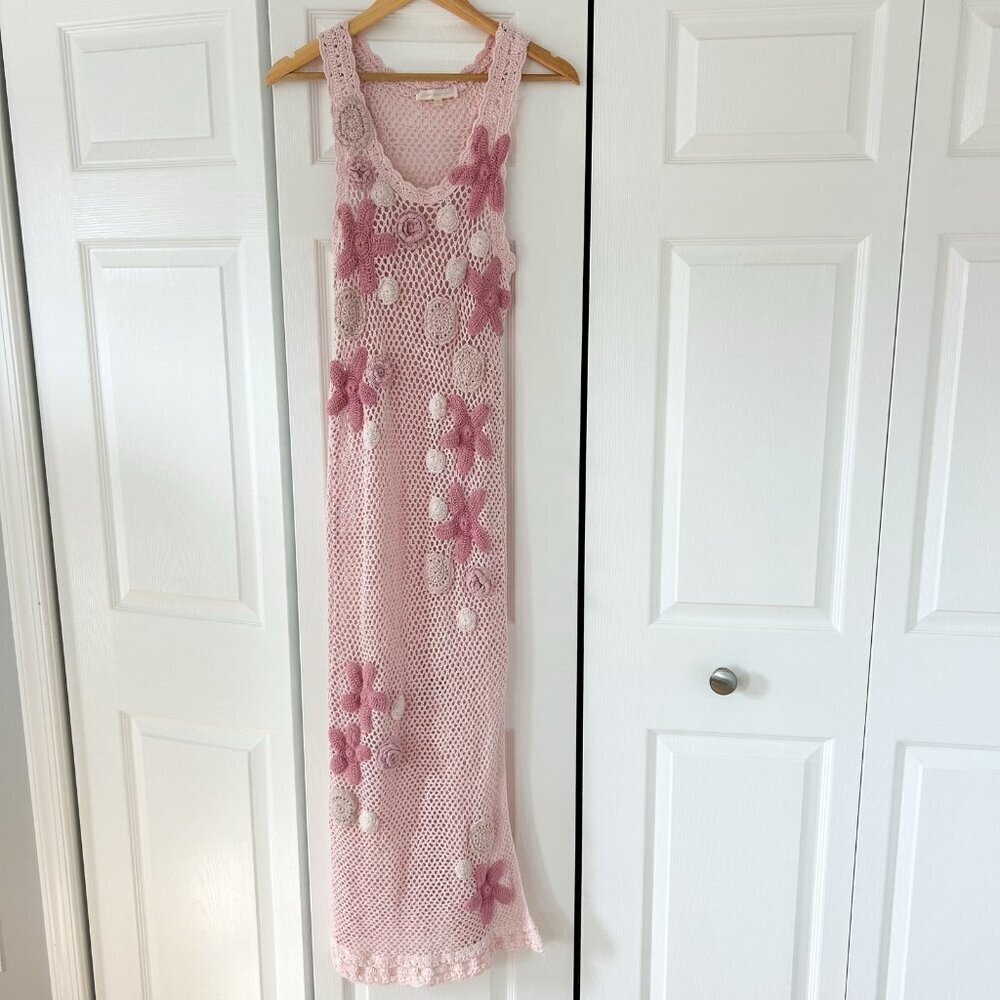 LoveShackFancy Shelburne Crochet Cotton Midi Dress Pink Floral EUC Medium - Picture 4 of 12
